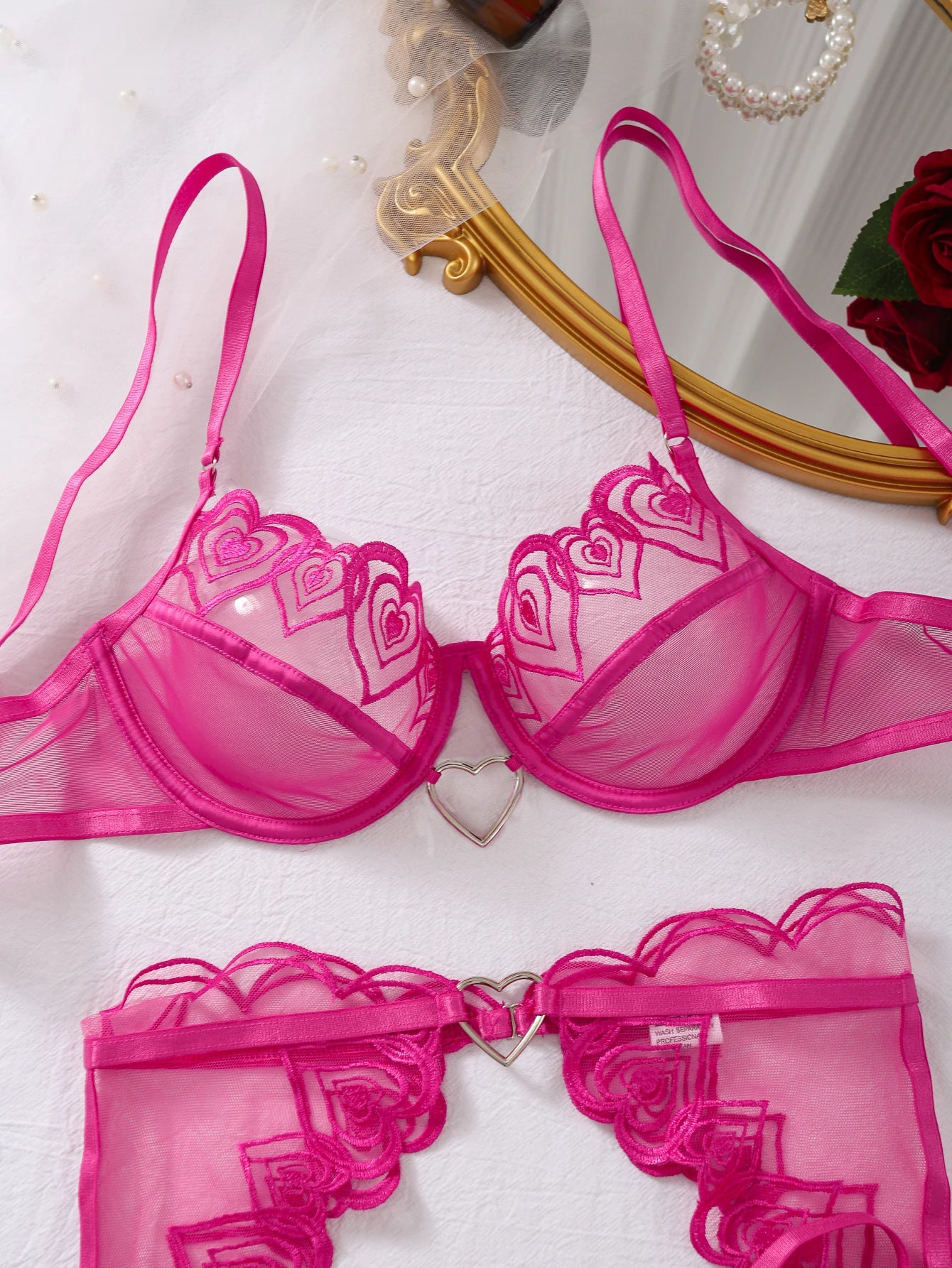 Pink Love Hearts Embroidery Shaping Bra Womens Underwear Three Piece Metal Heart Link Transparent Sexy Lingerie Women Set