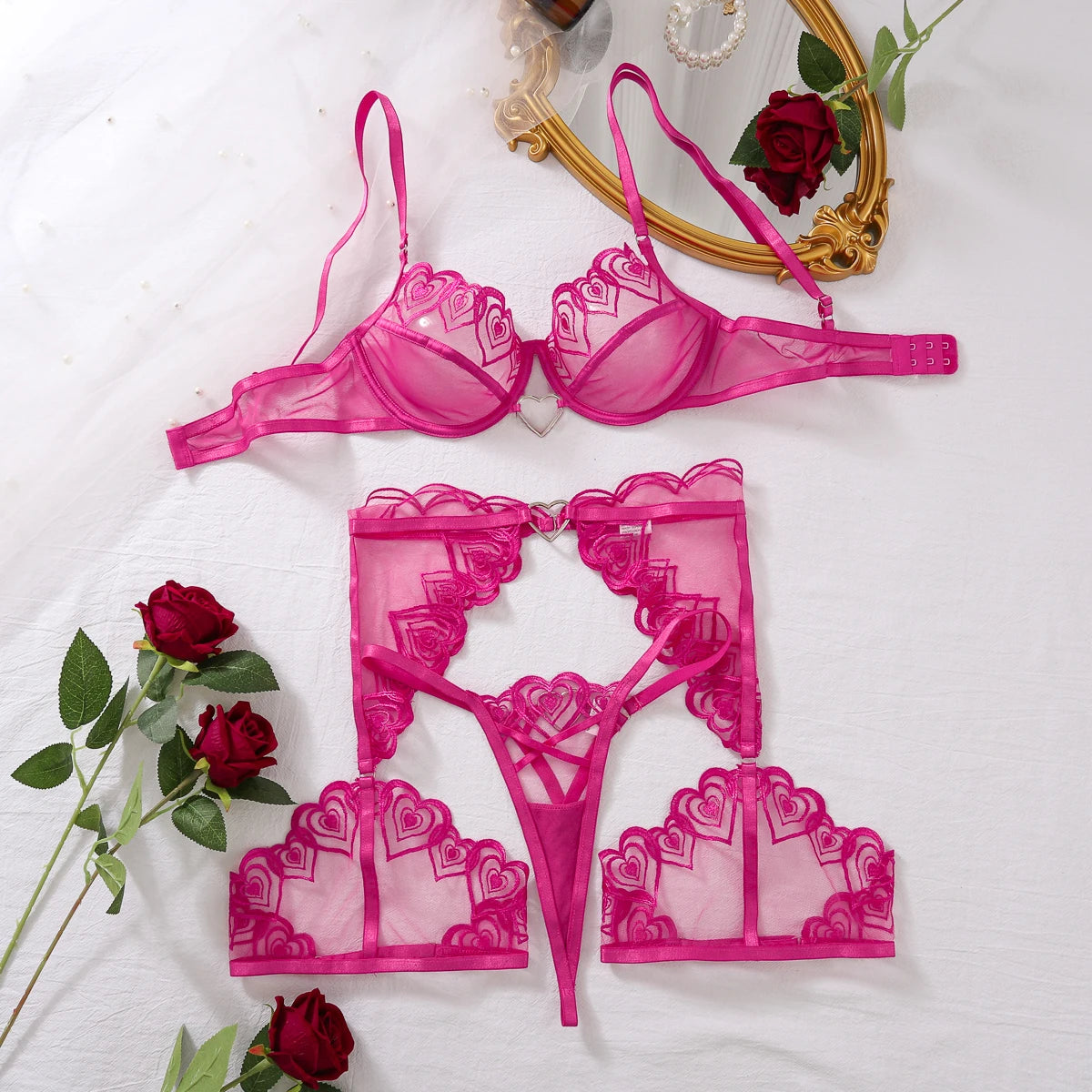 Pink Love Hearts Embroidery Shaping Bra Womens Underwear Three Piece Metal Heart Link Transparent Sexy Lingerie Women Set