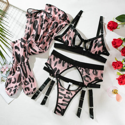 Pink Leopard 4 Piece Lingerie With Stocking Cut Out Bra Sensual Brief Sets See Through Lace Fancy Underwear Garter Suit