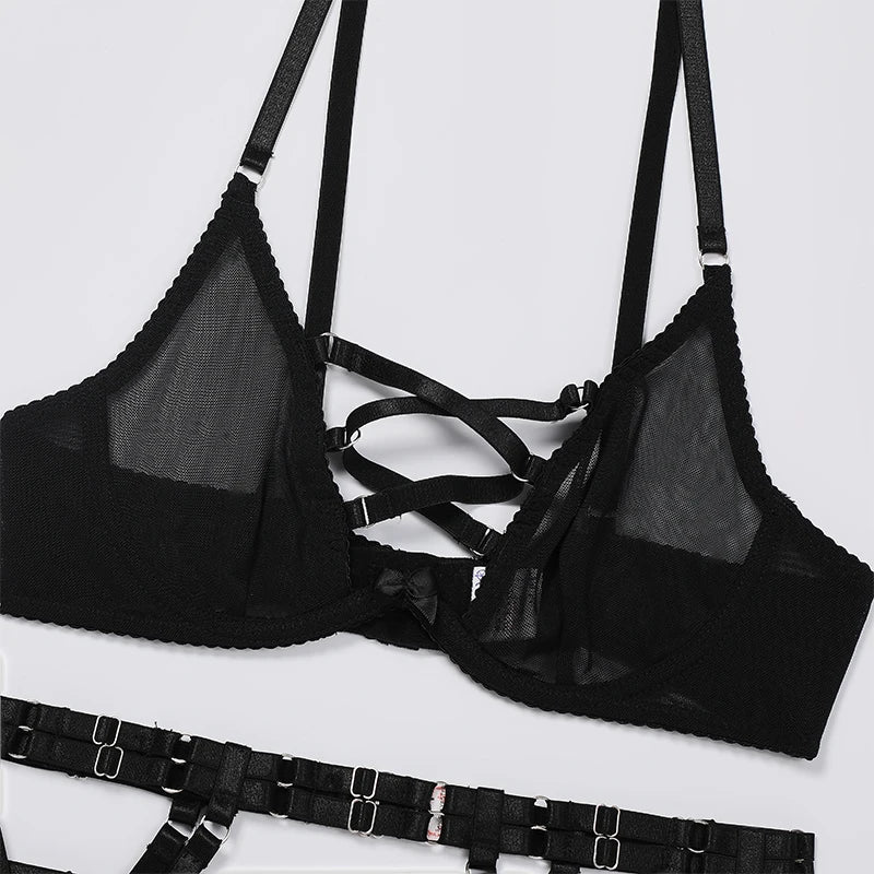 Black Explosive Models Sexy Cross Hollow Straps See Through Mesh Erotic Lingerie Four Piece Set