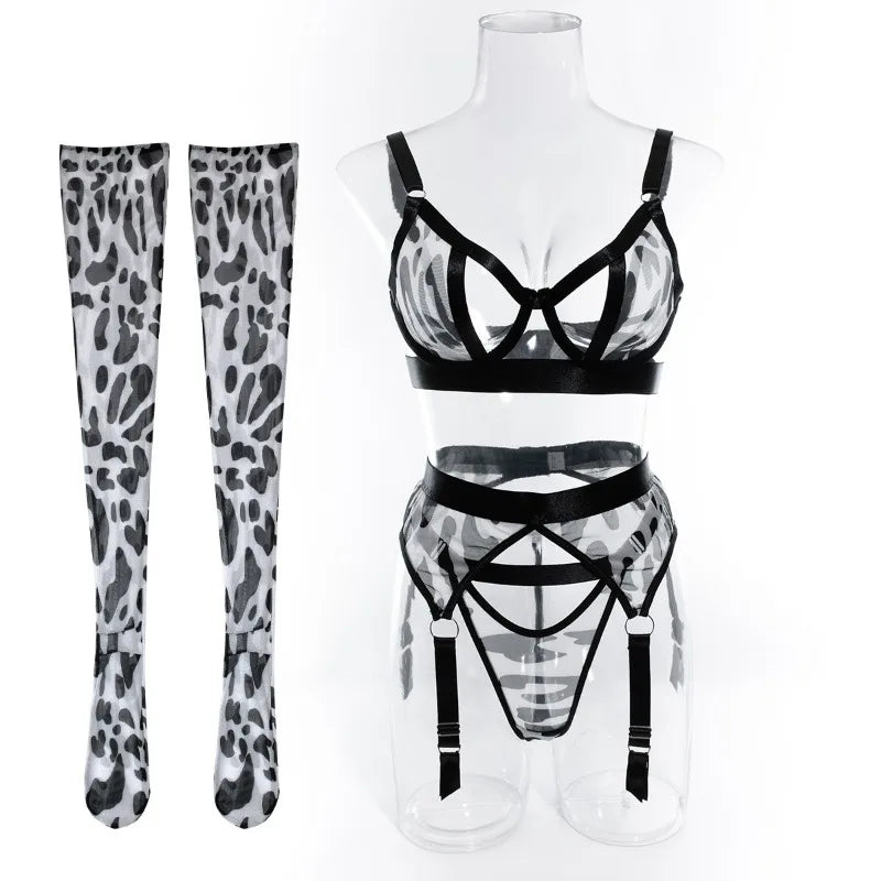 White Leopard 4 Piece Lingerie With Stocking Cut Out Bra Sensual Brief Sets See Through Lace Fancy Underwear Garter Suit