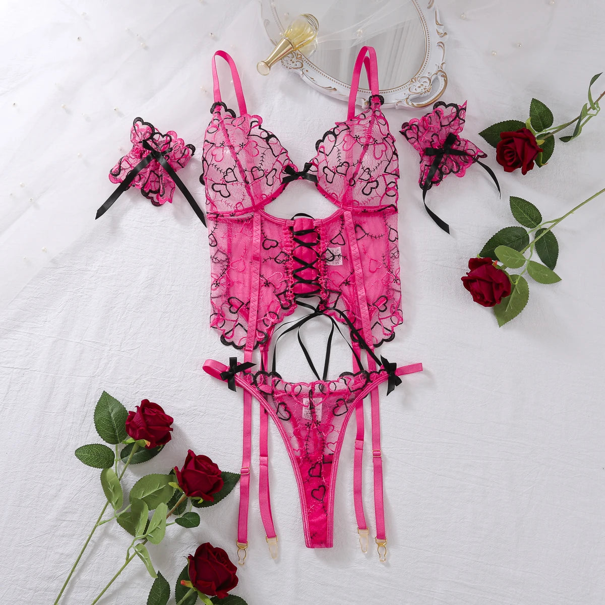 Pink And Black Hearts Mesh Erotic Women's Lingerie Set Lace See Through Sexy Heart Shape Embroidery Underwear And Thong 3 Pieces Set