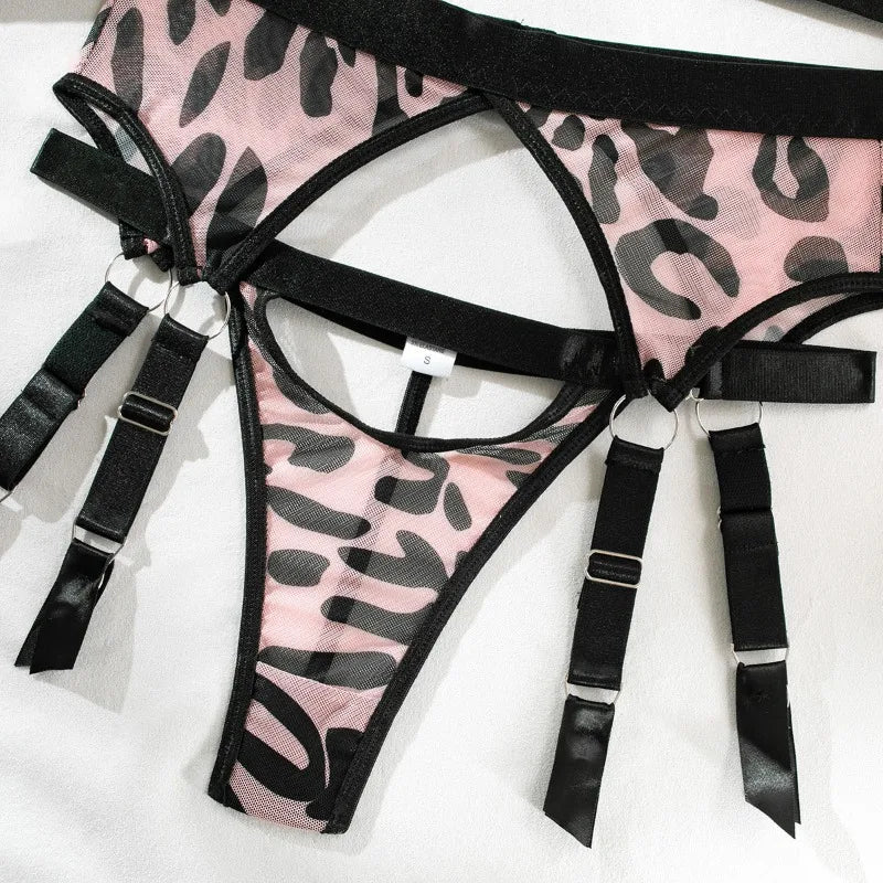 Pink Leopard 4 Piece Lingerie With Stocking Cut Out Bra Sensual Brief Sets See Through Lace Fancy Underwear Garter Suit