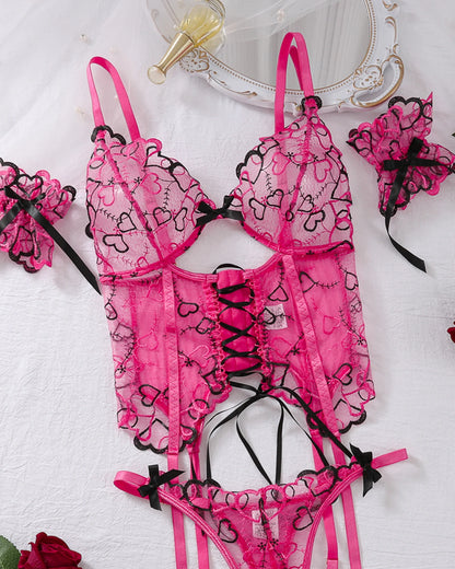 Pink And Black Hearts Mesh Erotic Women's Lingerie Set Lace See Through Sexy Heart Shape Embroidery Underwear And Thong 3 Pieces Set