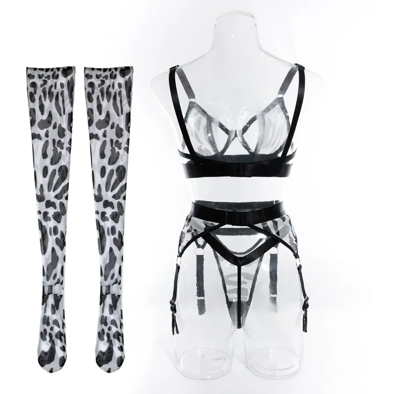 White Leopard 4 Piece Lingerie With Stocking Cut Out Bra Sensual Brief Sets See Through Lace Fancy Underwear Garter Suit