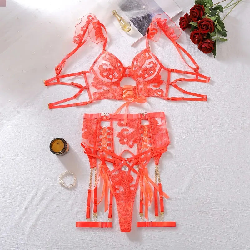 Peach 4-Piece Embroidered See-Through Ultra-Thin Bra Hollow Body Shaping Sexy Set For Women Mesh Patchwork Underwear Suit