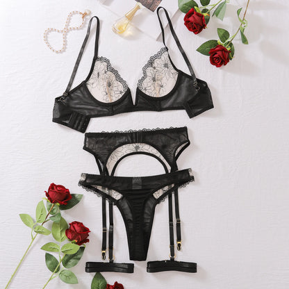 Black Embriodered Low Cut Transparent Underwear Women's 4 Piece Floral Lace Underwire Garter Lingerie Set Sexy Suits