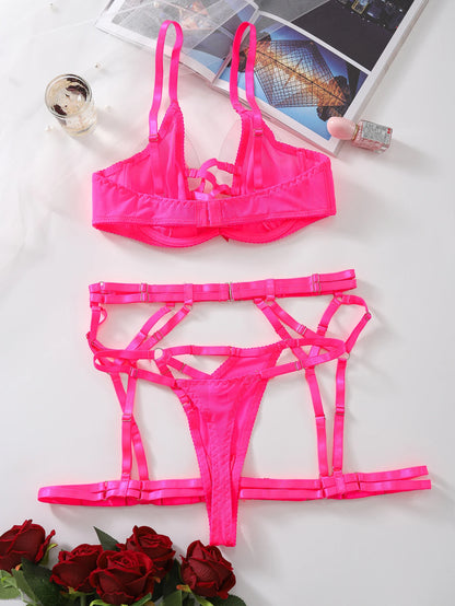 Pink Explosive Models Sexy Cross Hollow Straps See Through Mesh Erotic Lingerie Four Piece Set