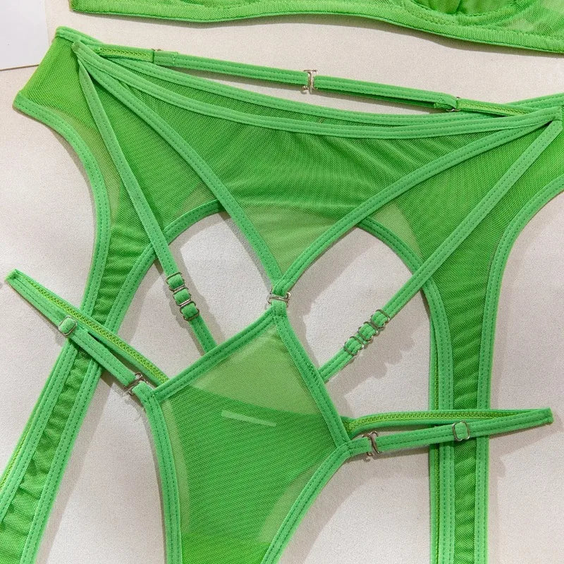 Green Or Black Sexy Lingerie Garter Belt Halter Bra Underwear Women Mesh Patchwork Micro Perspective Solid Color Sexy Underwear Set