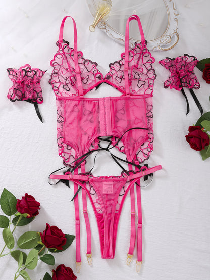 Pink And Black Hearts Mesh Erotic Women's Lingerie Set Lace See Through Sexy Heart Shape Embroidery Underwear And Thong 3 Pieces Set