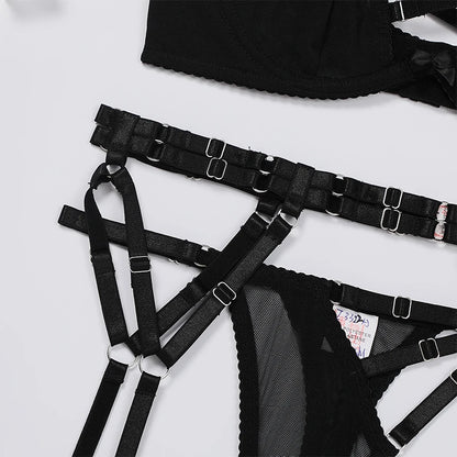 Black Explosive Models Sexy Cross Hollow Straps See Through Mesh Erotic Lingerie Four Piece Set