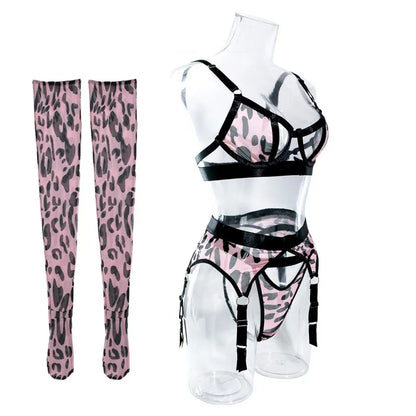 Pink Leopard 4 Piece Lingerie With Stocking Cut Out Bra Sensual Brief Sets See Through Lace Fancy Underwear Garter Suit