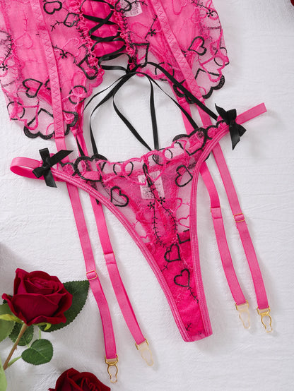 Pink And Black Hearts Mesh Erotic Women's Lingerie Set Lace See Through Sexy Heart Shape Embroidery Underwear And Thong 3 Pieces Set