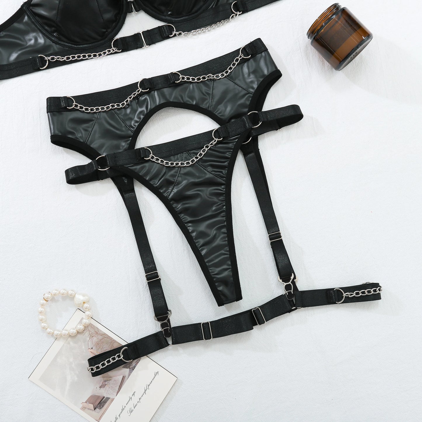 Black Leather Women Latex Lingerie Erotic Underwear Halter Bra And Panty Set Sexy Outfit With Chain Lady Gothic Erotic Sets