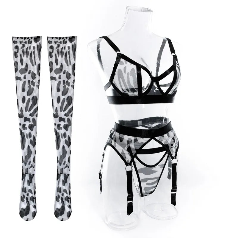 White Leopard 4 Piece Lingerie With Stocking Cut Out Bra Sensual Brief Sets See Through Lace Fancy Underwear Garter Suit