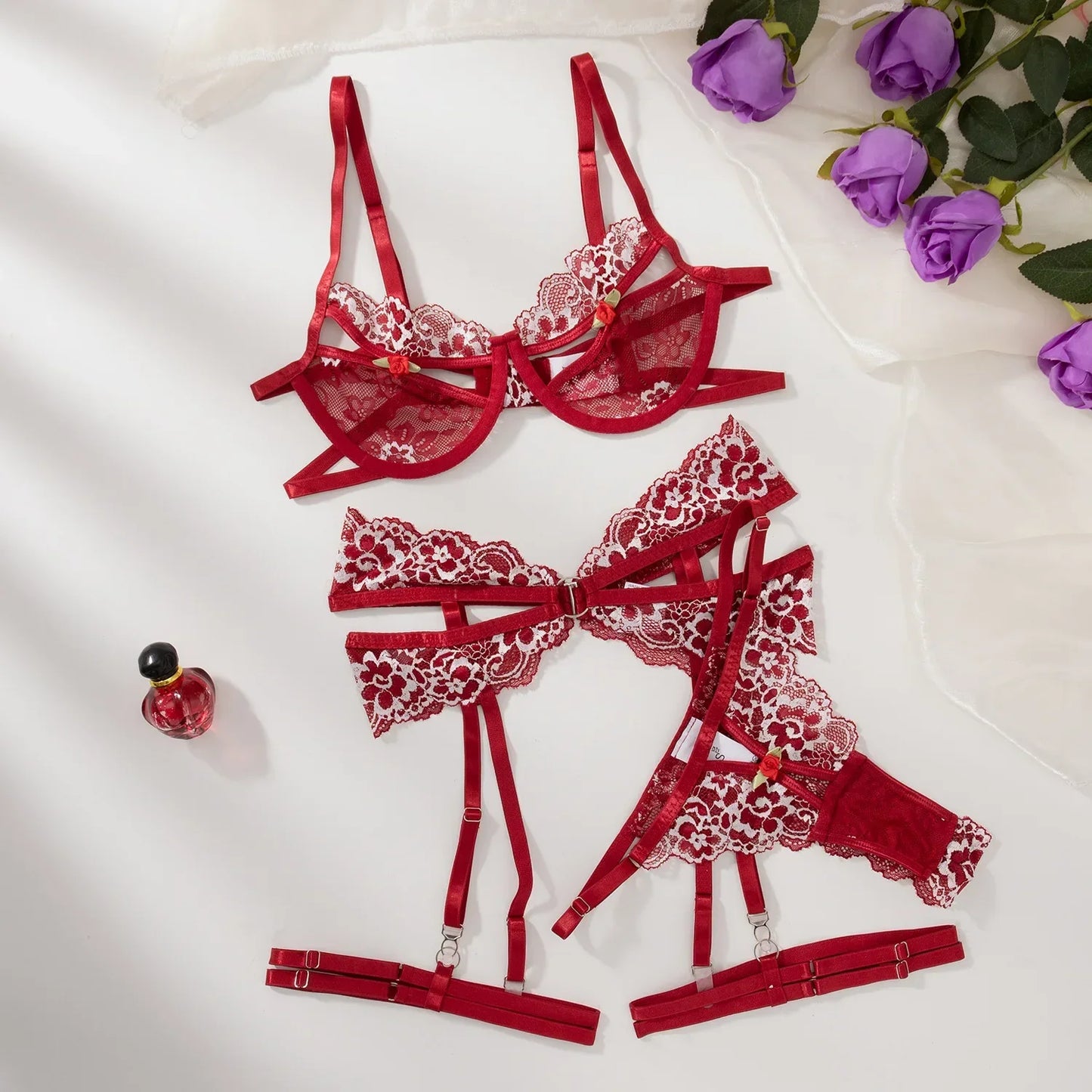 Burgundy And White Floral Sexy Bra Set Contrast Color Lace Hollow Breathable Garter Hot Erotic Sexy Costumes Underwear Seamless Bra Thong Suit