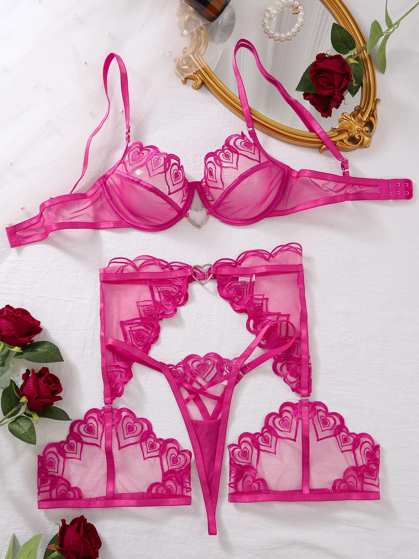 Pink Love Hearts Embroidery Shaping Bra Womens Underwear Three Piece Metal Heart Link Transparent Sexy Lingerie Women Set