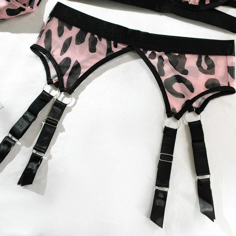 Pink Leopard 4 Piece Lingerie With Stocking Cut Out Bra Sensual Brief Sets See Through Lace Fancy Underwear Garter Suit