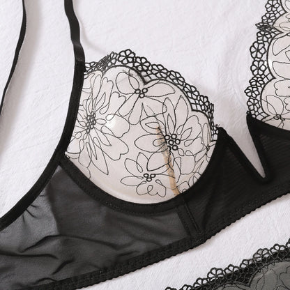 Black Embriodered Low Cut Transparent Underwear Women's 4 Piece Floral Lace Underwire Garter Lingerie Set Sexy Suits