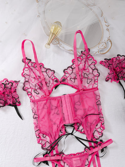 Pink And Black Hearts Mesh Erotic Women's Lingerie Set Lace See Through Sexy Heart Shape Embroidery Underwear And Thong 3 Pieces Set