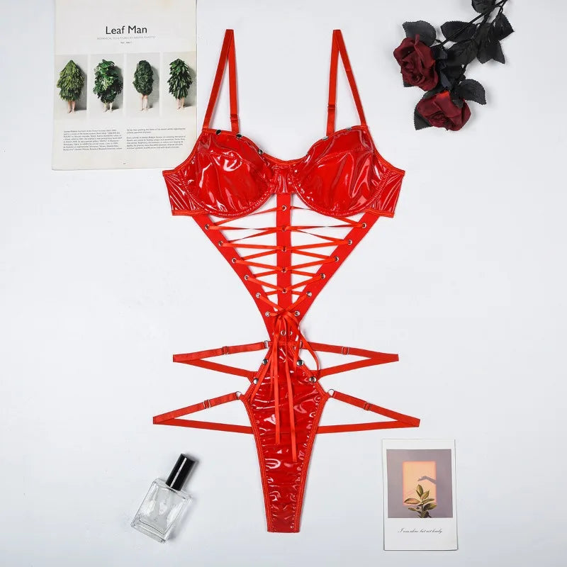 Red Leather Underwear Sets Sexy Lingerie Set Woman Sexiest Bra Set Full Lingerie Womens Clothing Bra Corset