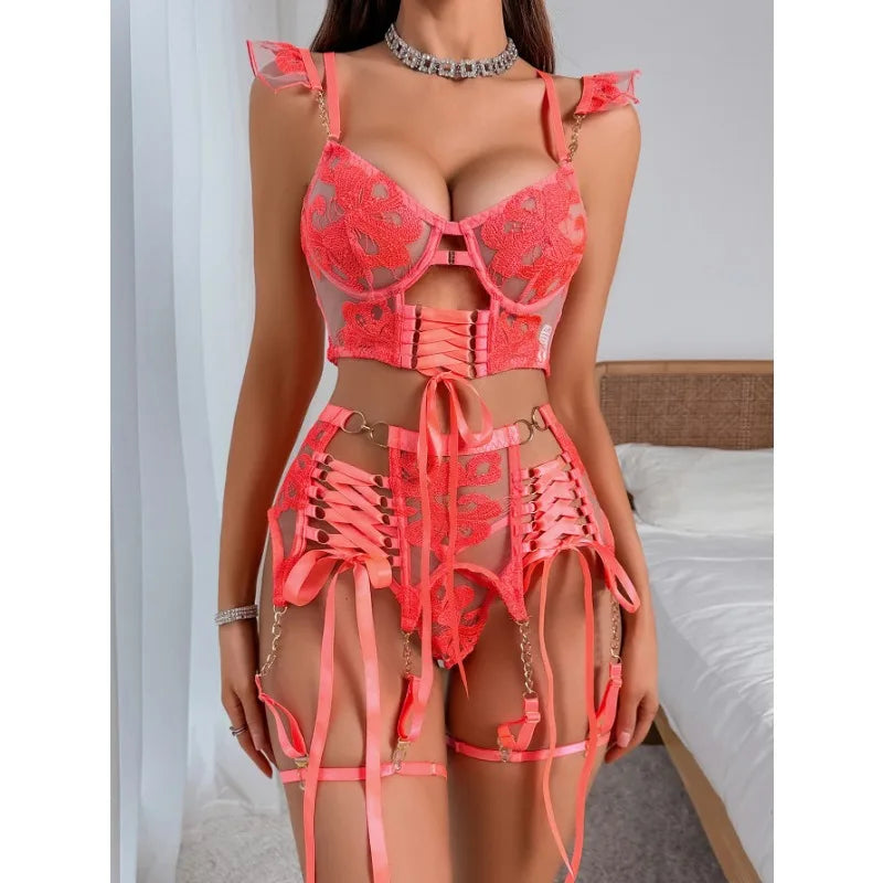 Peach 4-Piece Embroidered See-Through Ultra-Thin Bra Hollow Body Shaping Sexy Set For Women Mesh Patchwork Underwear Suit