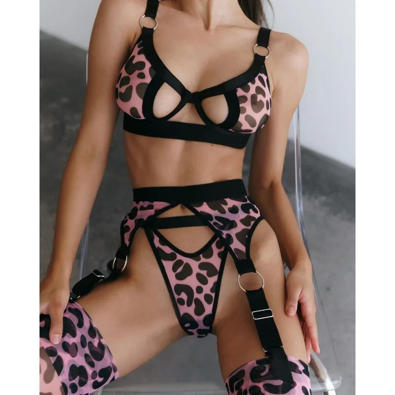 Pink Leopard 4 Piece Lingerie With Stocking Cut Out Bra Sensual Brief Sets See Through Lace Fancy Underwear Garter Suit