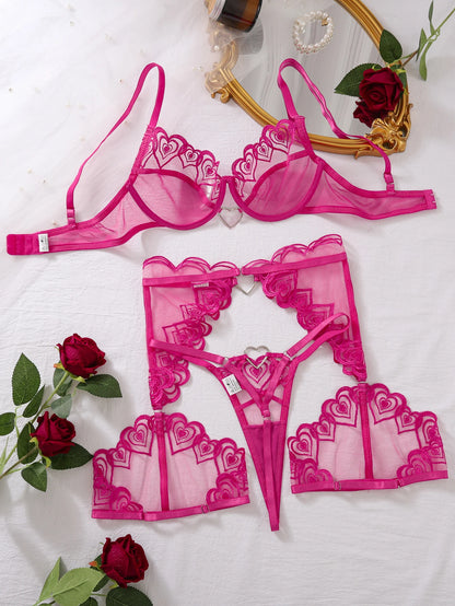 Pink Love Hearts Embroidery Shaping Bra Womens Underwear Three Piece Metal Heart Link Transparent Sexy Lingerie Women Set