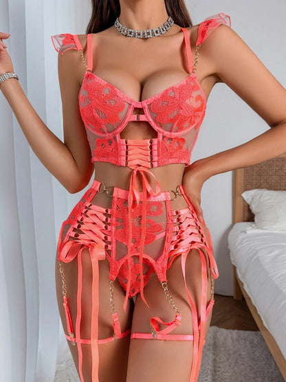 Peach 4-Piece Embroidered See-Through Ultra-Thin Bra Hollow Body Shaping Sexy Set For Women Mesh Patchwork Underwear Suit