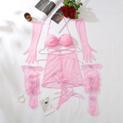 Pink Lingerie Ultra Sexy Halter Bra Drawstring Pleated Attractive Romantic Butterfly Cut Out Stocking Gloves Set