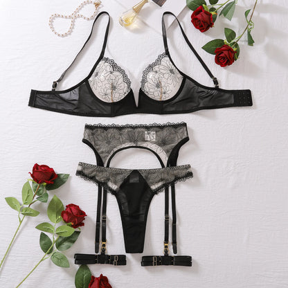 Black Embriodered Low Cut Transparent Underwear Women's 4 Piece Floral Lace Underwire Garter Lingerie Set Sexy Suits