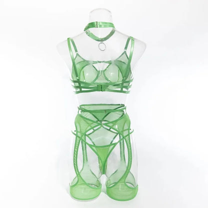 Green Or Black Sexy Lingerie Garter Belt Halter Bra Underwear Women Mesh Patchwork Micro Perspective Solid Color Sexy Underwear Set