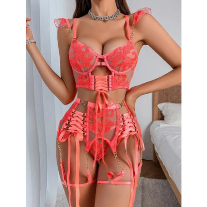 Peach 4-Piece Embroidered See-Through Ultra-Thin Bra Hollow Body Shaping Sexy Set For Women Mesh Patchwork Underwear Suit