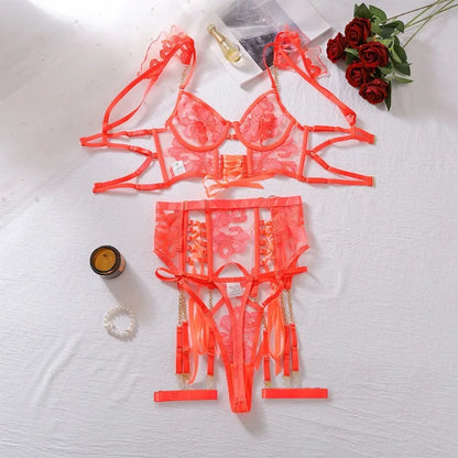 Peach 4-Piece Embroidered See-Through Ultra-Thin Bra Hollow Body Shaping Sexy Set For Women Mesh Patchwork Underwear Suit