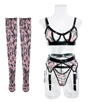 Pink Leopard 4 Piece Lingerie With Stocking Cut Out Bra Sensual Brief Sets See Through Lace Fancy Underwear Garter Suit