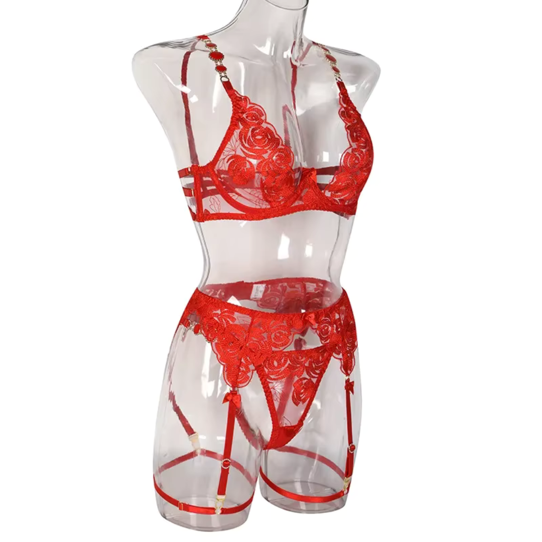 Red Sexy Erotic Transparent Lace Bra Sets Intimate Fancy Lingerie Luxury Jewel Shoulder Strap Underwear 3-Piece Garter Set