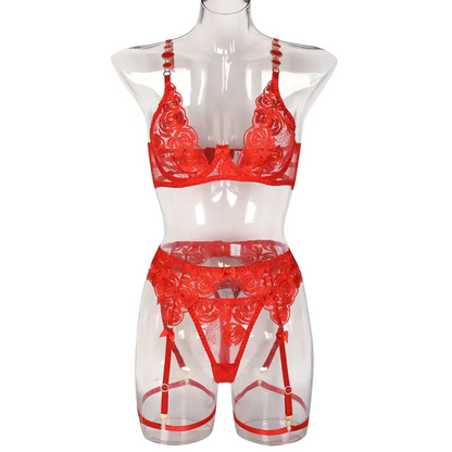 Red Sexy Erotic Transparent Lace Bra Sets Intimate Fancy Lingerie Luxury Jewel Shoulder Strap Underwear 3-Piece Garter Set