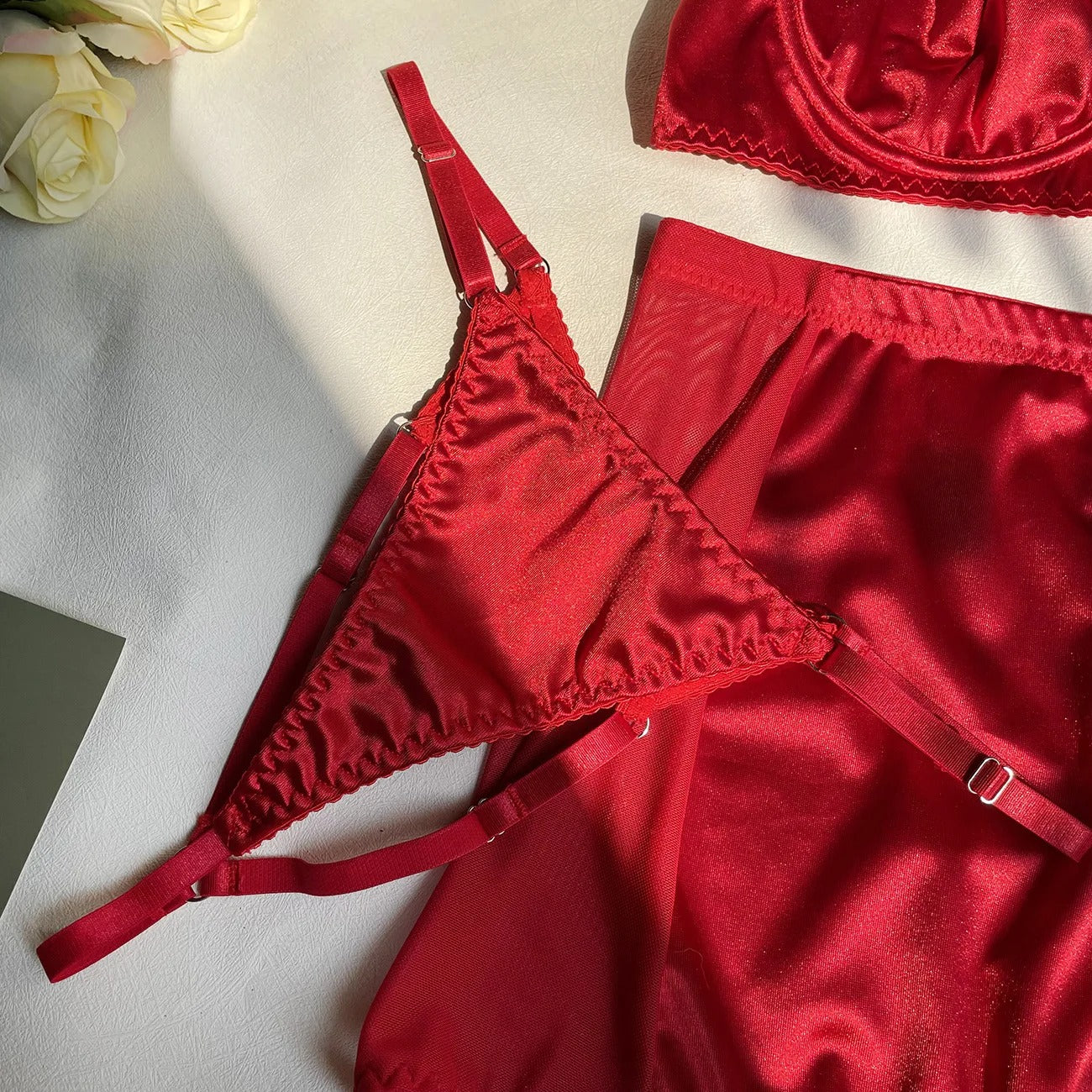 Red Fine Satin Lingerie Sexy Underwear Lace 5-Piece Sissy Seamless Intimate Uncensored Skirt Fancy Bra And Panty Outfits