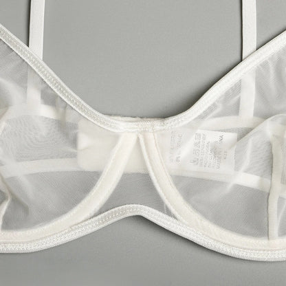 White See Through Ultra Thin Transparent Mesh Bra Thong Garter Belt Leg Ring Neck Ring 5pcs Sets Underwear Women Sexy Lingerie