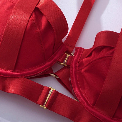 Red Sexy Lingerie Fancy Strap Underwear Erotic Garter Belt 4-Piece Intimate Goods Halter Bra With Bow Seductive Exotic Brief Sets