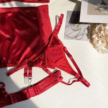 Red Fine Satin Lingerie Sexy Underwear Lace 5-Piece Sissy Seamless Intimate Uncensored Skirt Fancy Bra And Panty Outfits