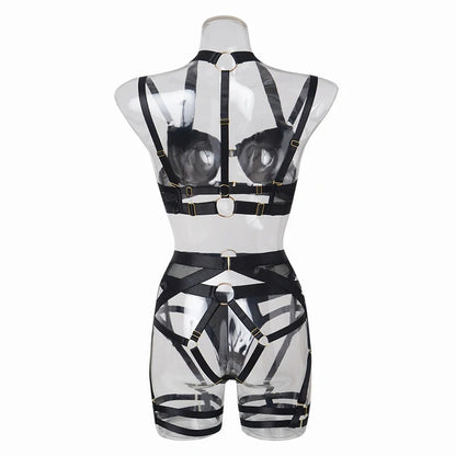 Black Sexy Lingerie Fancy Strap Underwear Erotic Garter Belt 4-Piece Intimate Goods Halter Bra With Bow Seductive Exotic Brief Sets