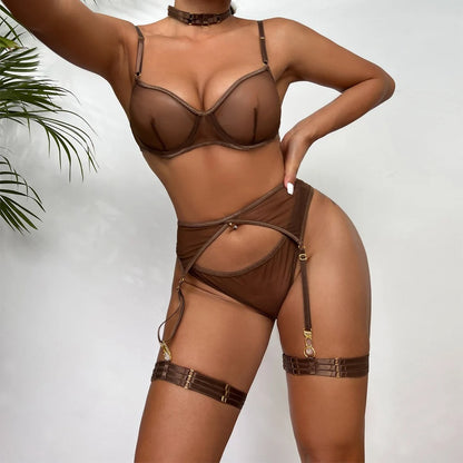 Brown See Through Ultra Thin Transparent Mesh Bra Thong Garter Belt Leg Ring Neck Ring 5pcs Sets Underwear Women Sexy Lingerie