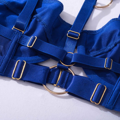 Blue Sexy Lingerie Fancy Strap Underwear Erotic Garter Belt 4-Piece Intimate Goods Halter Bra With Bow Seductive Exotic Brief Sets