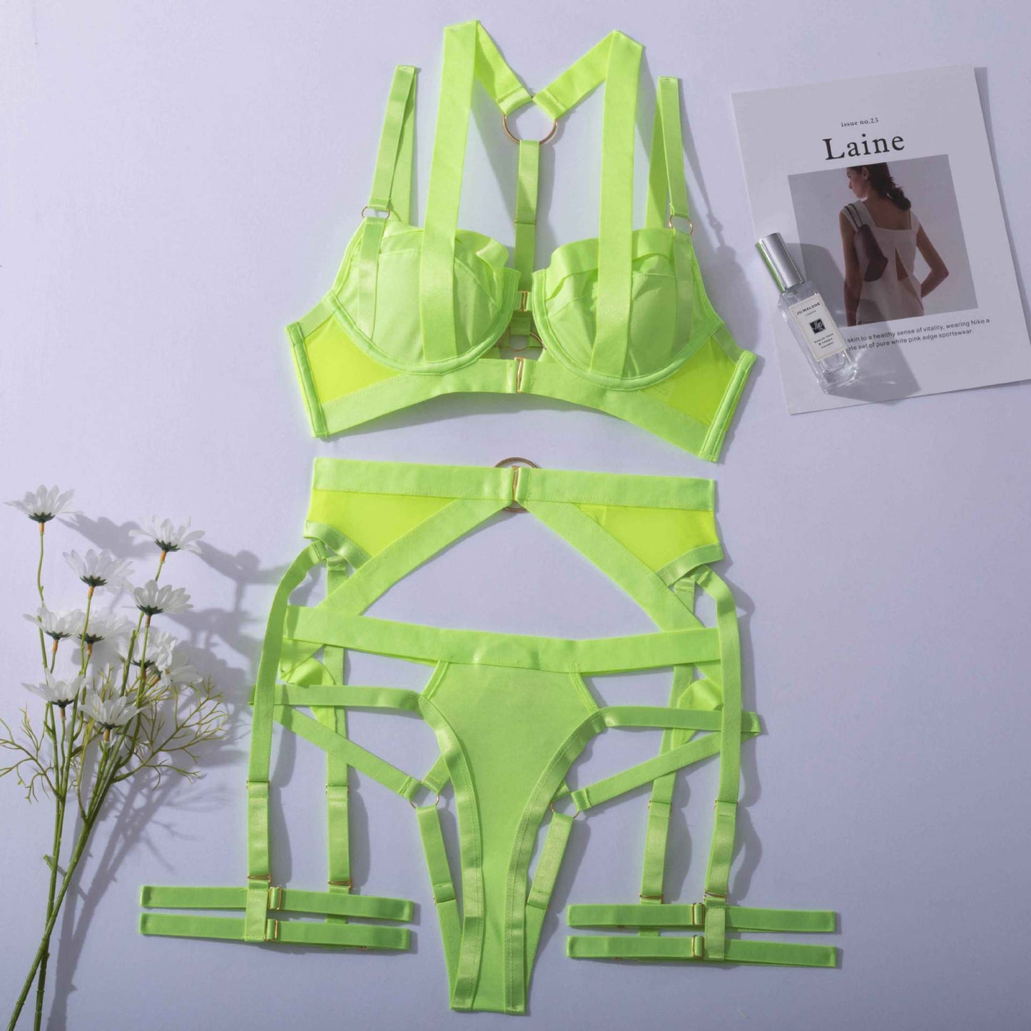 Neon Yellow Sexy Lingerie Fancy Strap Underwear Erotic Garter Belt 4-Piece Intimate Goods Halter Bra With Bow Seductive Exotic Brief Sets