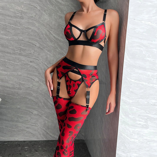 Red Leopard 4 Piece Lingerie With Stocking Cut Out Bra Sensual Brief Sets See Through Lace Fancy Underwear Garter Suit