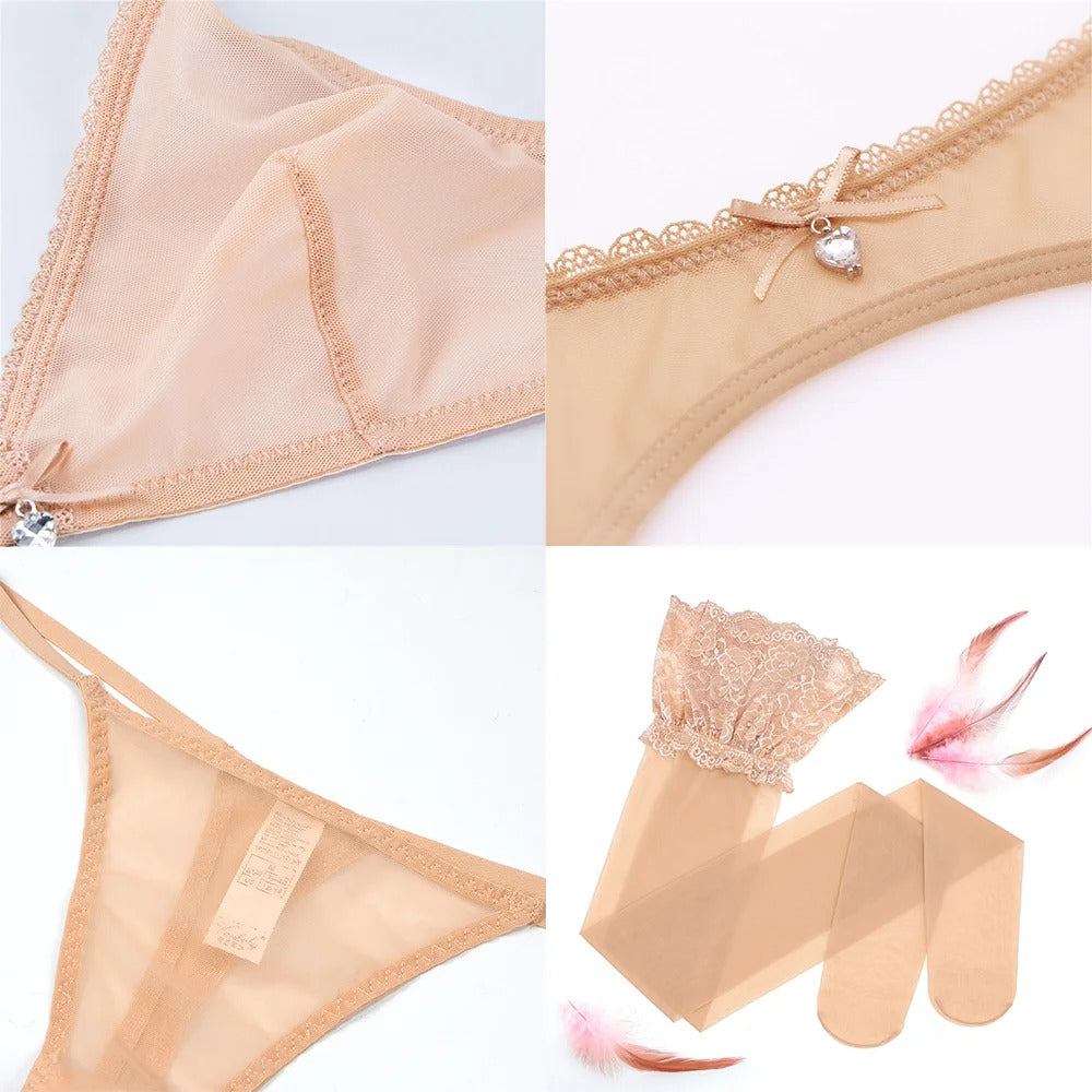 Beige or Black Sexy See Through Lingerie Set Bikini Thong Wire Free Bra Larger Size Women Underwear Bra Garter V String Stocking 4pcs Set