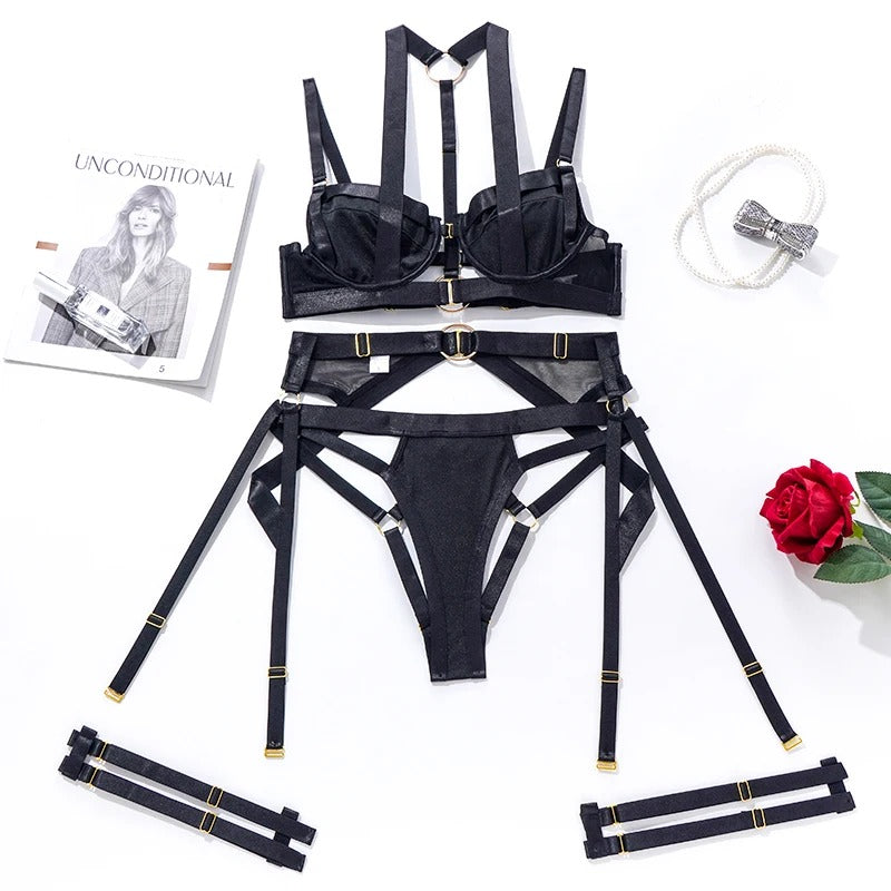 Black Sexy Lingerie Fancy Strap Underwear Erotic Garter Belt 4-Piece Intimate Goods Halter Bra With Bow Seductive Exotic Brief Sets