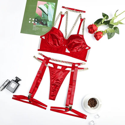 Red Lingerie Sets for Women Luxury 2023 Exotic with Chains Affordable Luxury Lingerie Women Bra and Underwear Set