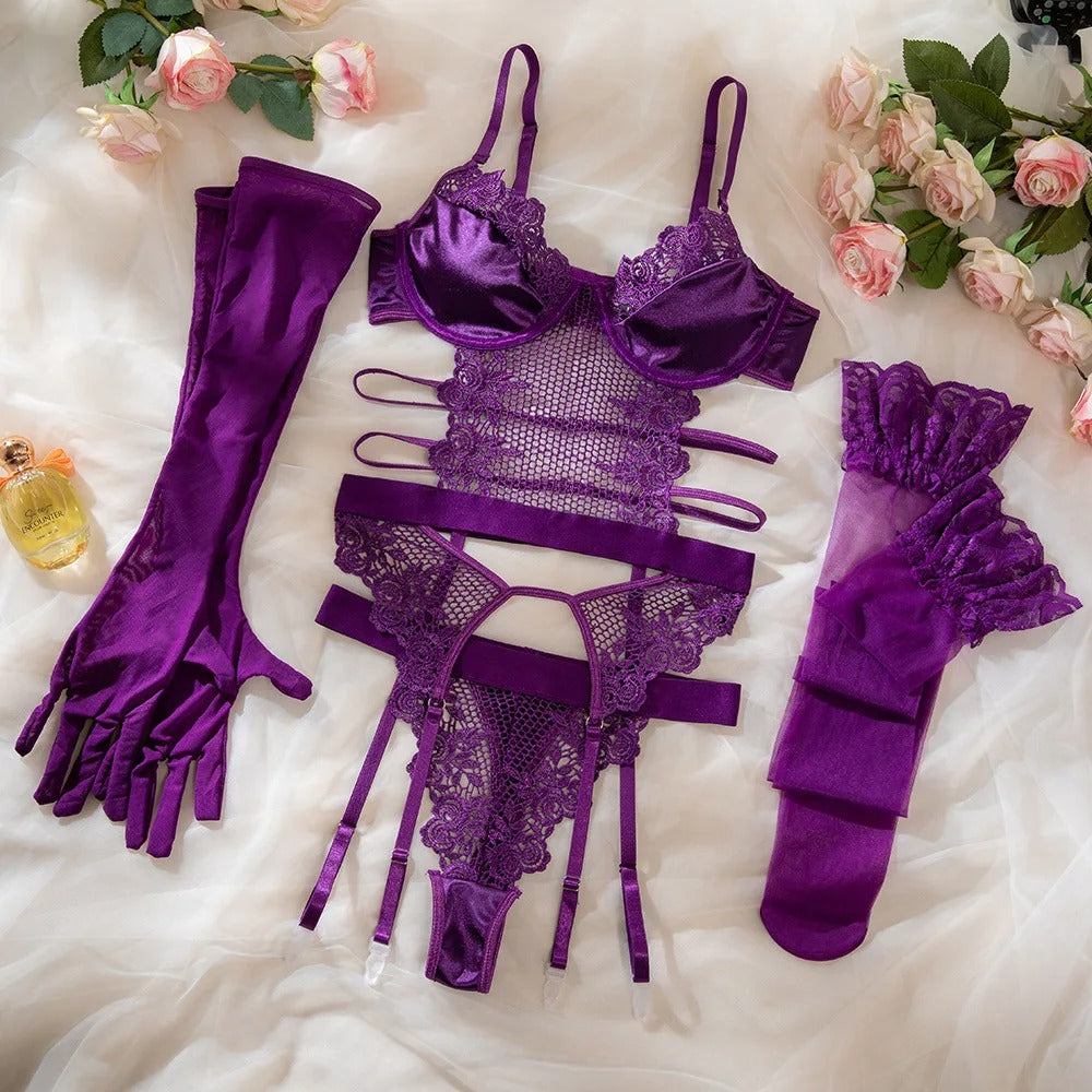 Purple Royal Erotic Lingerie Set Womens See Through Sexy Corset Sissy G-String Thongs Lace Sex Female Underwear Fantasy Adult Babydoll